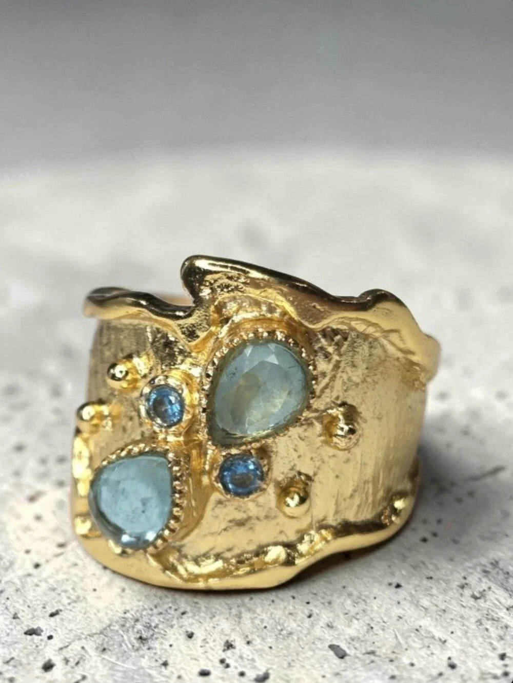 24k Gold Plated Artisan Aquamarine Crystal Byzantine Wide Band Ring